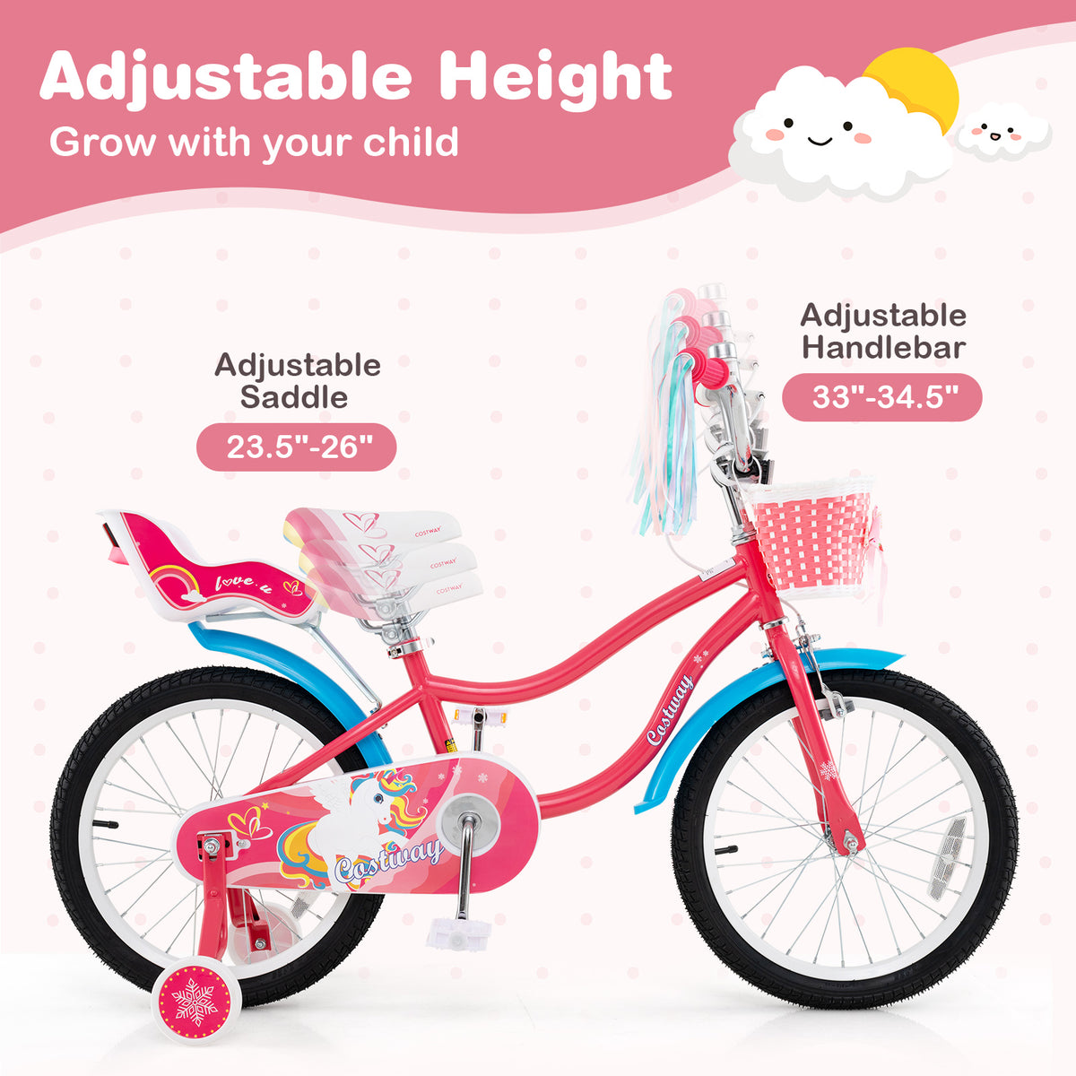 14" Girls Bike for 3-5 Years Old with Training Wheels and Doll Seat-Kids Bike-DECOROLALA