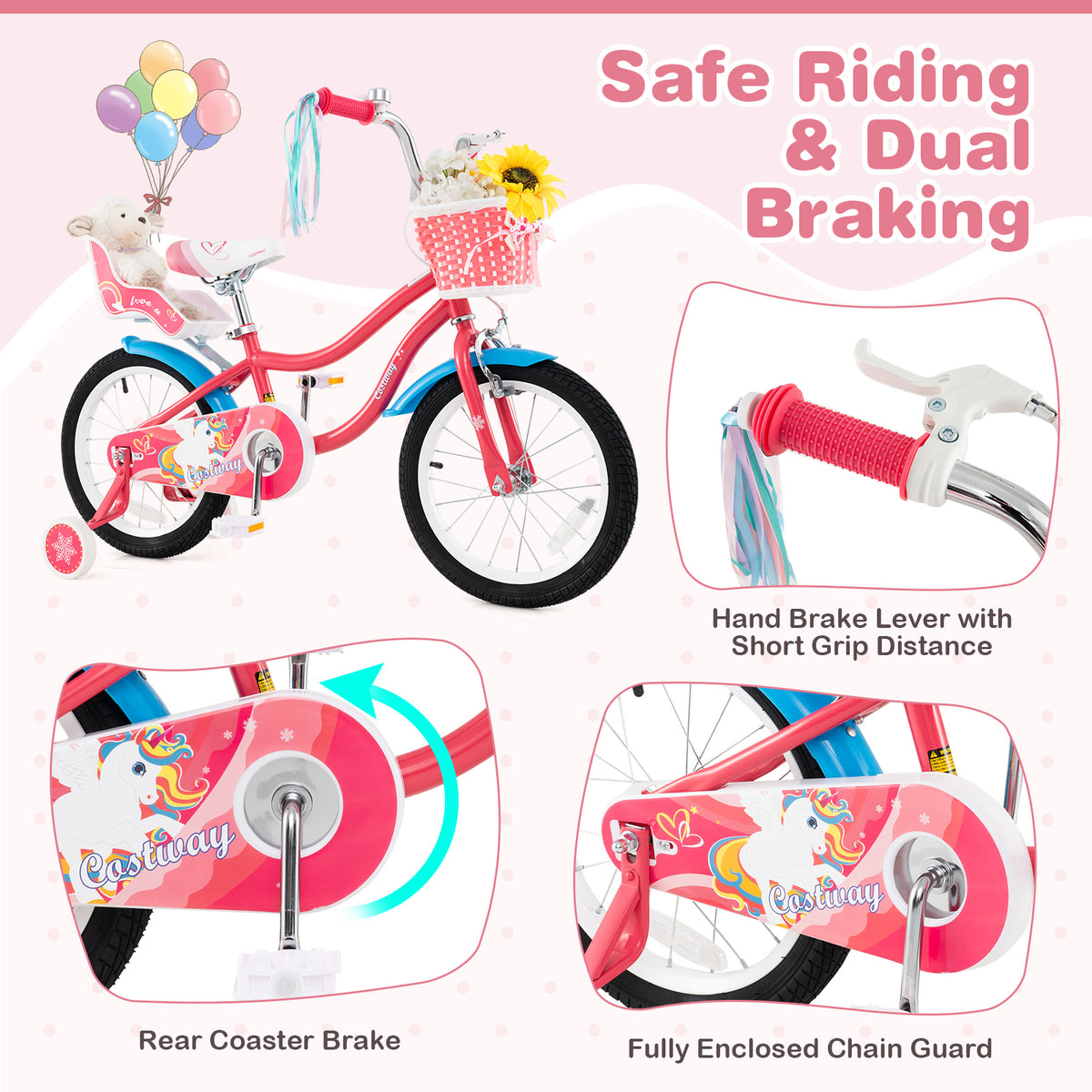 14" Girls Bike for 3-5 Years Old with Training Wheels and Doll Seat-Kids Bike-DECOROLALA