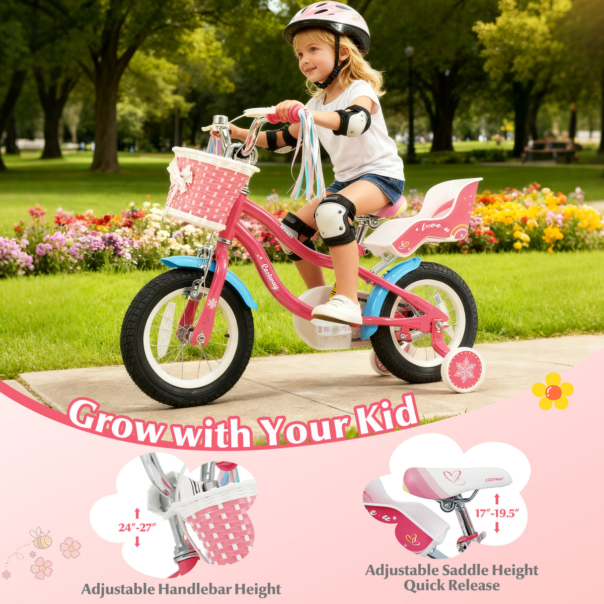 14" Girls Bike for 3-5 Years Old with Training Wheels and Doll Seat-Kids Bike-DECOROLALA