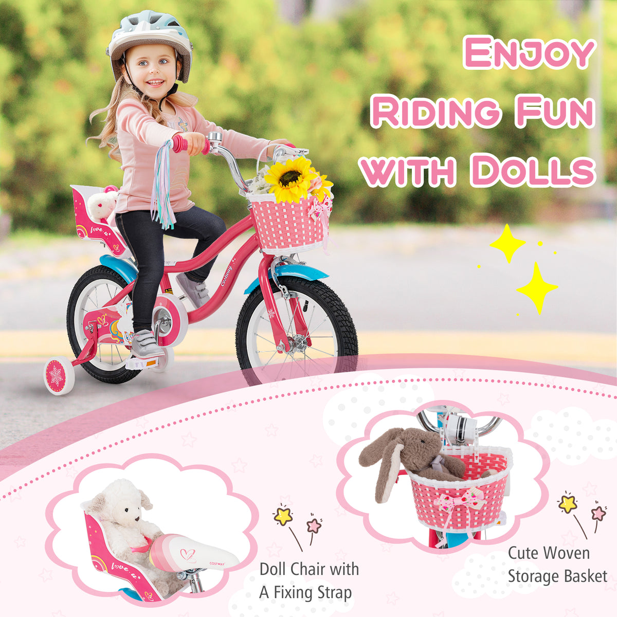 14" Girls Bike for 3-5 Years Old with Training Wheels and Doll Seat-Kids Bike-DECOROLALA