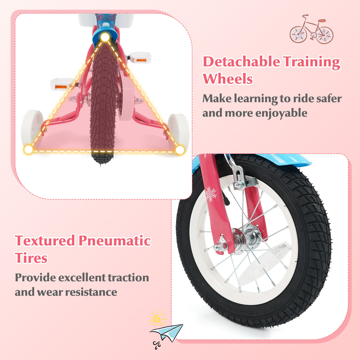 14" Girls Bike for 3-5 Years Old with Training Wheels and Doll Seat-Kids Bike-DECOROLALA