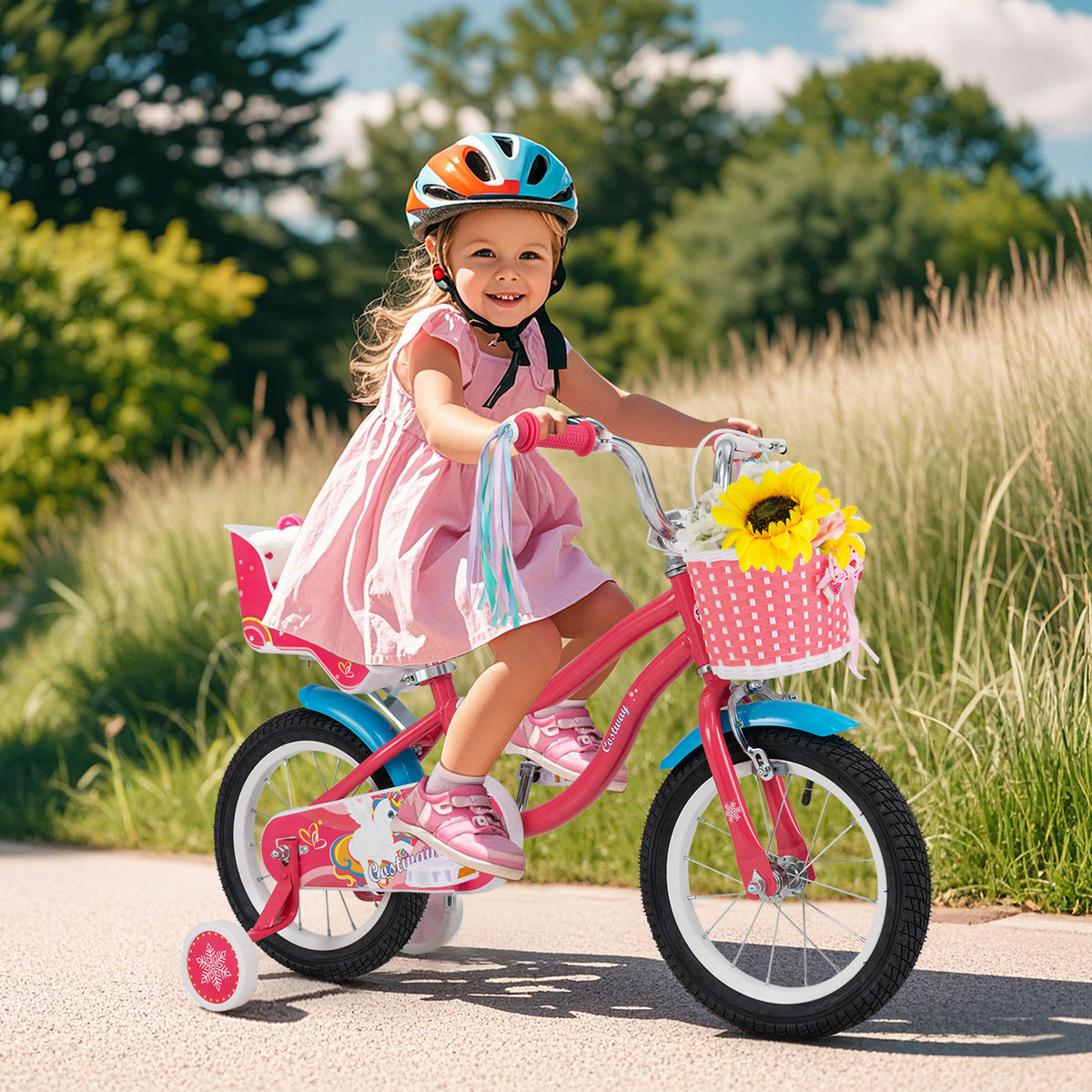 14" Girls Bike for 3-5 Years Old with Training Wheels and Doll Seat-Kids Bike-DECOROLALA