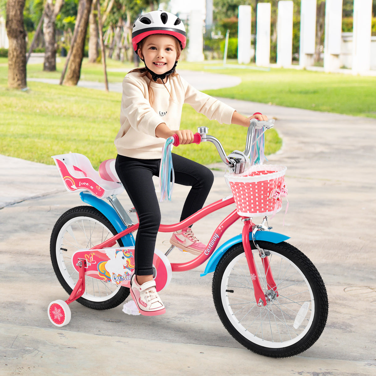 14" Girls Bike for 3-5 Years Old with Training Wheels and Doll Seat-Kids Bike-DECOROLALA