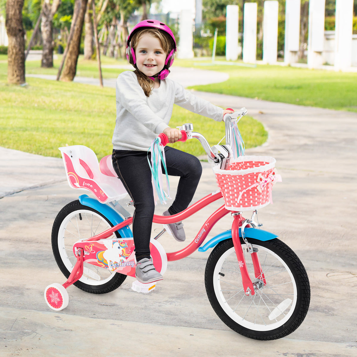 14" Girls Bike for 3-5 Years Old with Training Wheels and Doll Seat-Kids Bike-DECOROLALA