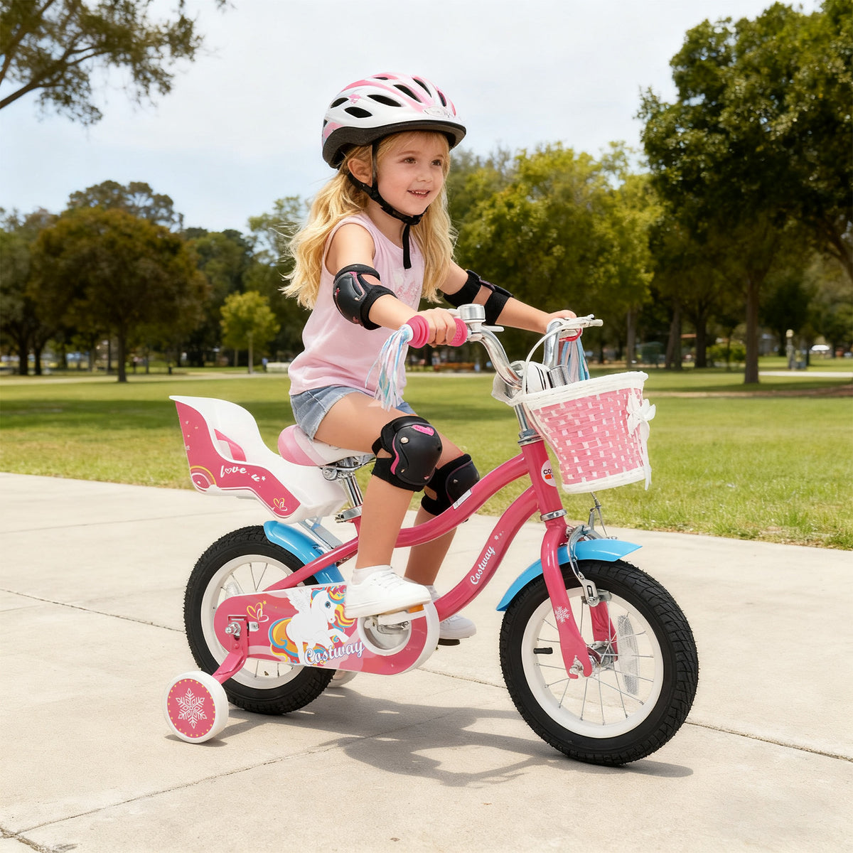 14" Girls Bike for 3-5 Years Old with Training Wheels and Doll Seat-Kids Bike-DECOROLALA