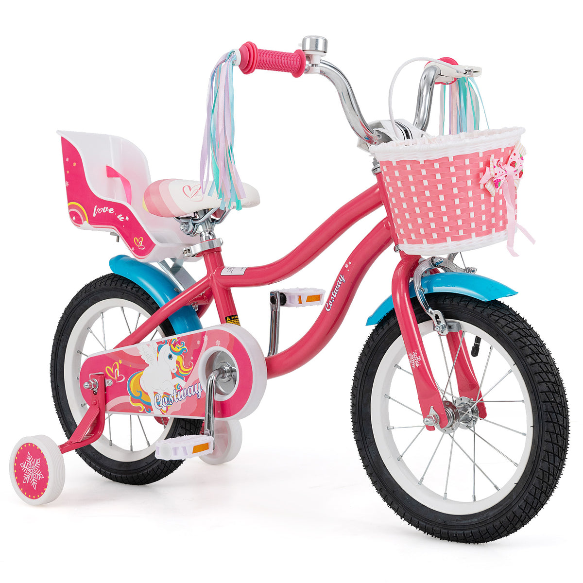 14" Girls Bike for 3-5 Years Old with Training Wheels and Doll Seat-Kids Bike-DECOROLALA