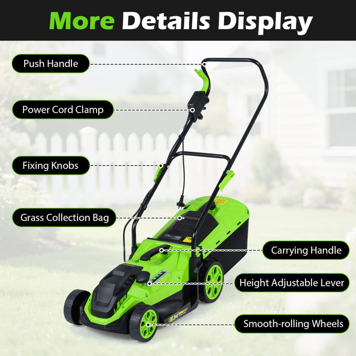 14-Inch 12-Amp Corded Electric Lawn Mower w/ 5-Position Height Adjustment-Green-Lawn Care Tools-DECOROLALA