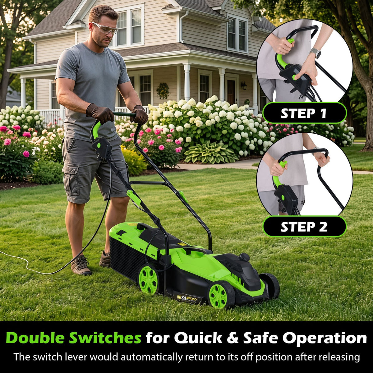 14-Inch 12-Amp Corded Electric Lawn Mower w/ 5-Position Height Adjustment-Green-Lawn Care Tools-DECOROLALA