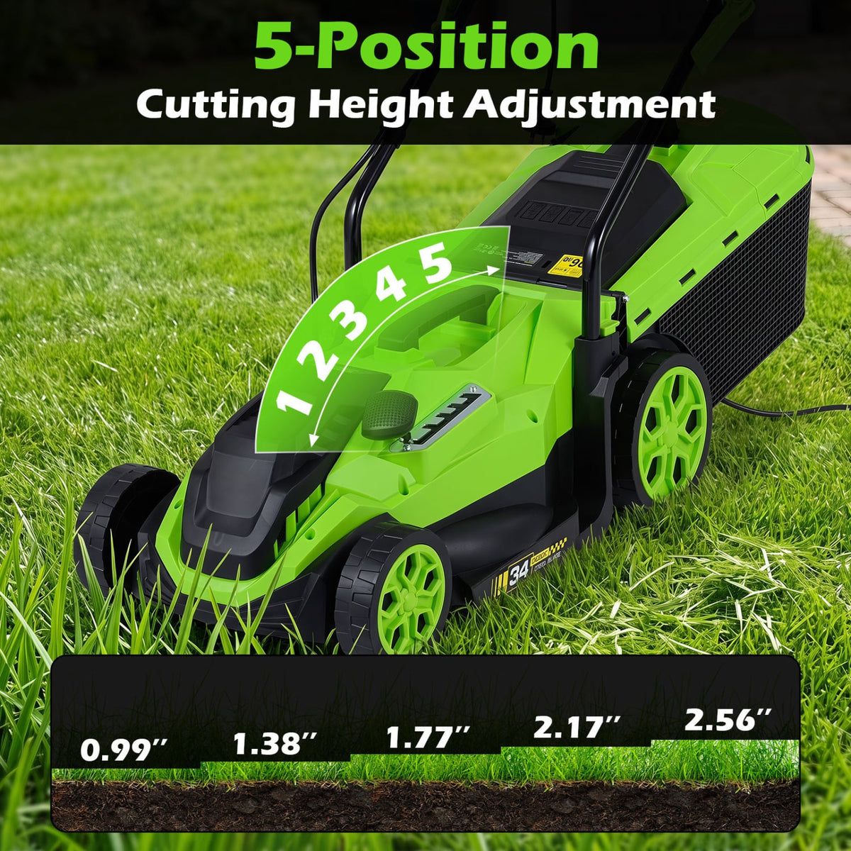 14-Inch 12-Amp Corded Electric Lawn Mower w/ 5-Position Height Adjustment-Green-Lawn Care Tools-DECOROLALA