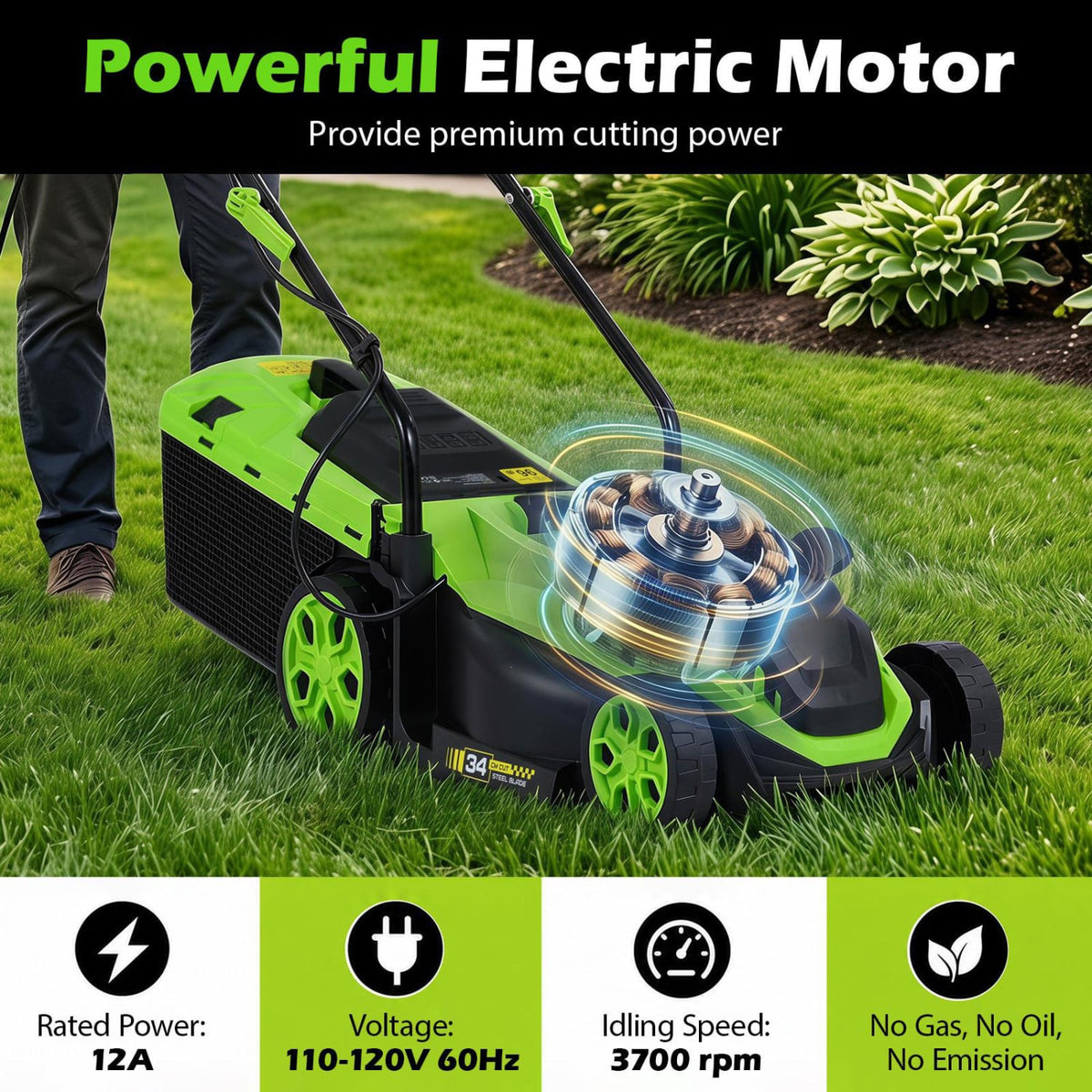 14-Inch 12-Amp Corded Electric Lawn Mower w/ 5-Position Height Adjustment-Green-Lawn Care Tools-DECOROLALA
