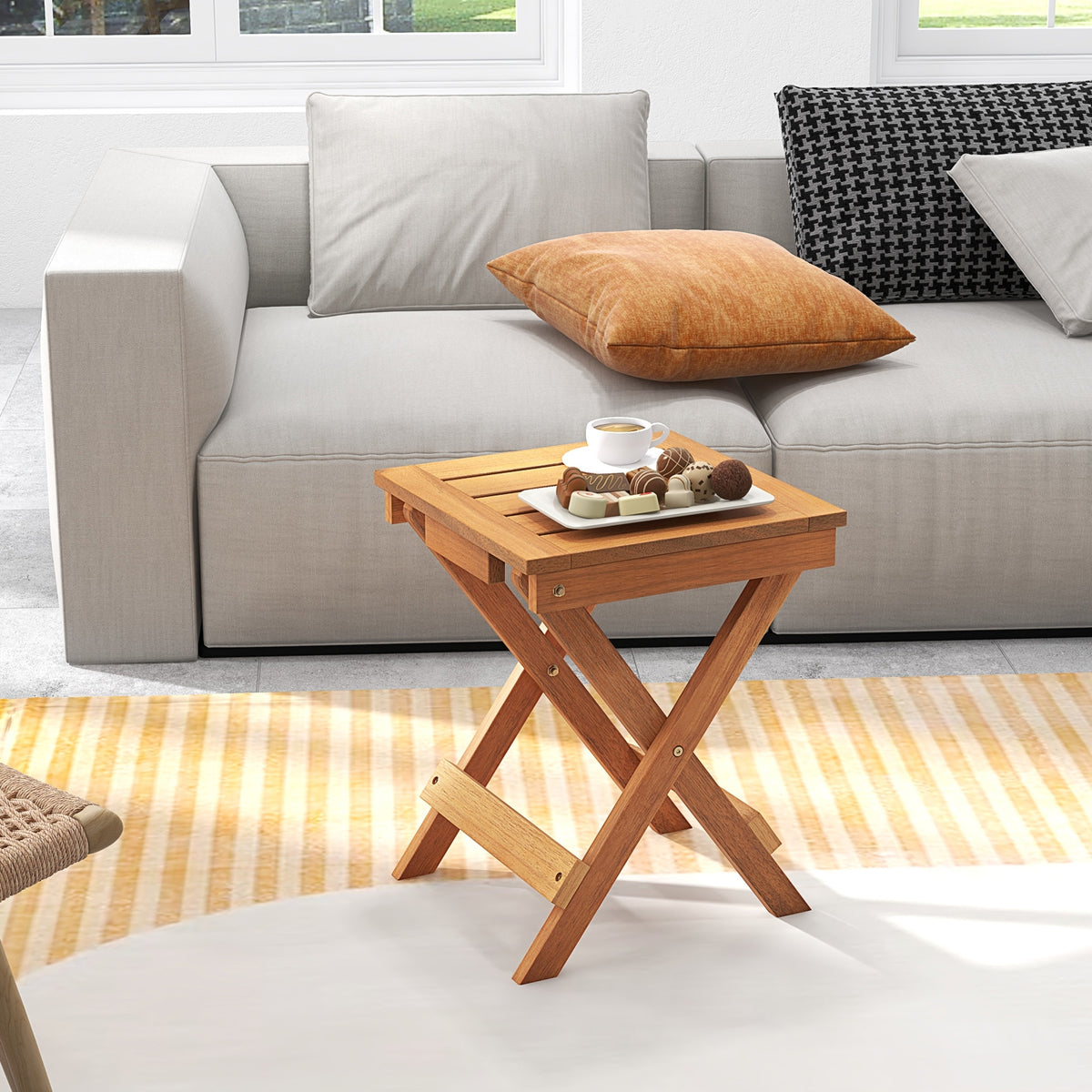 14 Inch Compact Folding Side Table with Slatted Tabletop-Patio Coffee Tables-DECOROLALA