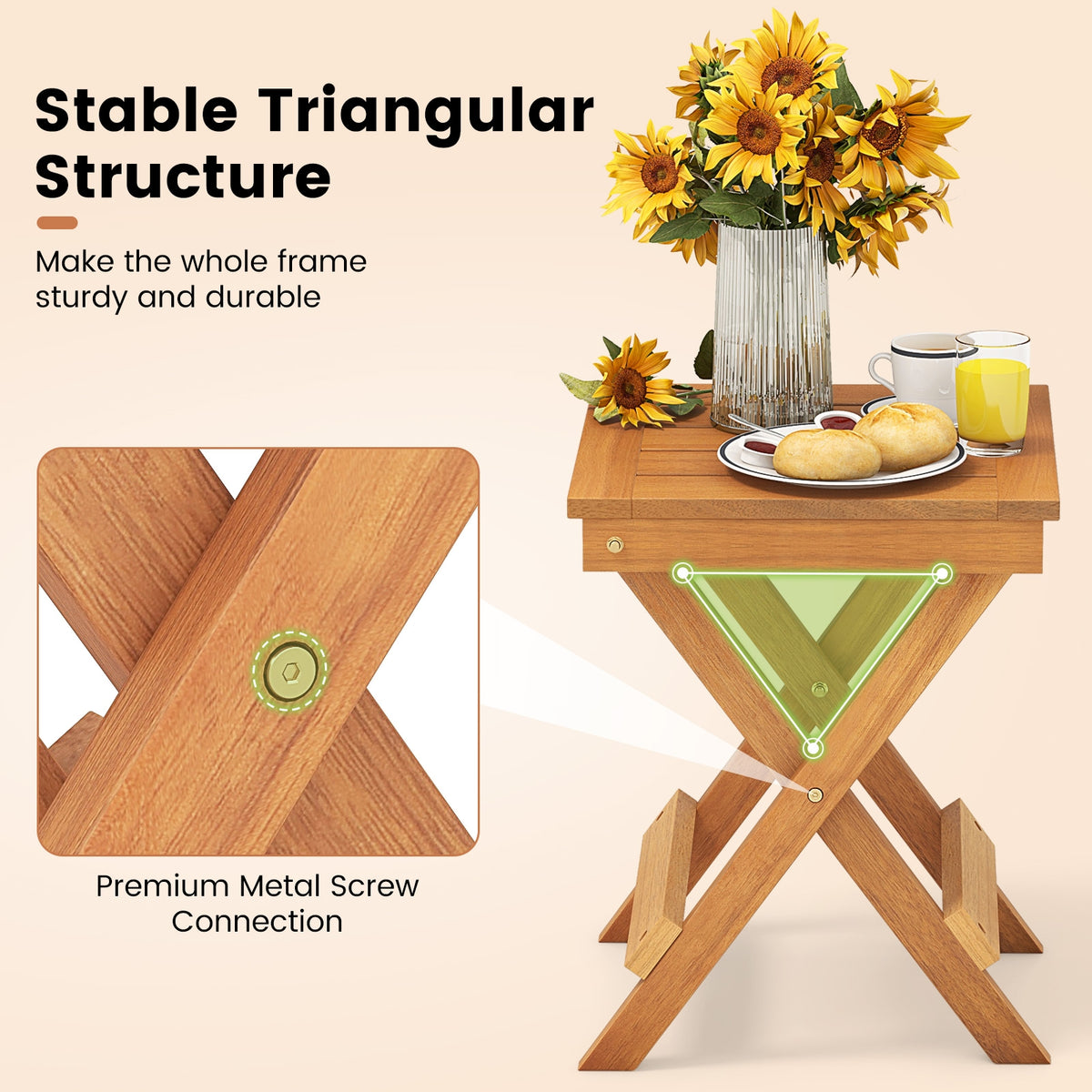 14 Inch Compact Folding Side Table with Slatted Tabletop-Patio Coffee Tables-DECOROLALA