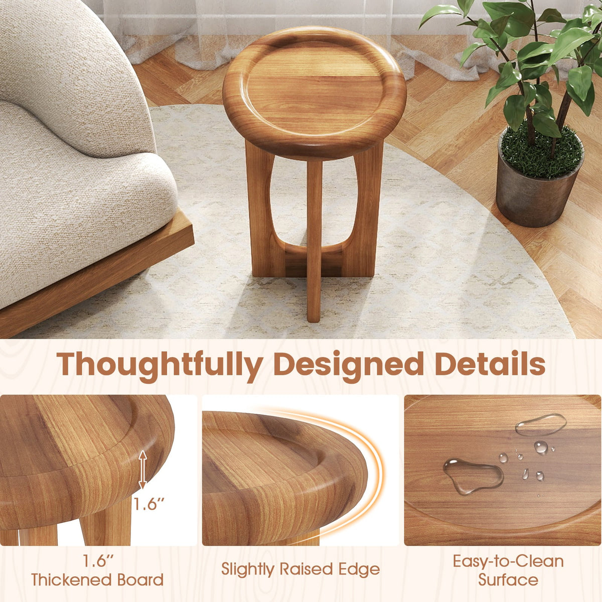 14 Inch Farmhouse End Table with Round Tray Top and Wood Cross Legs-End & Side Tables-DECOROLALA