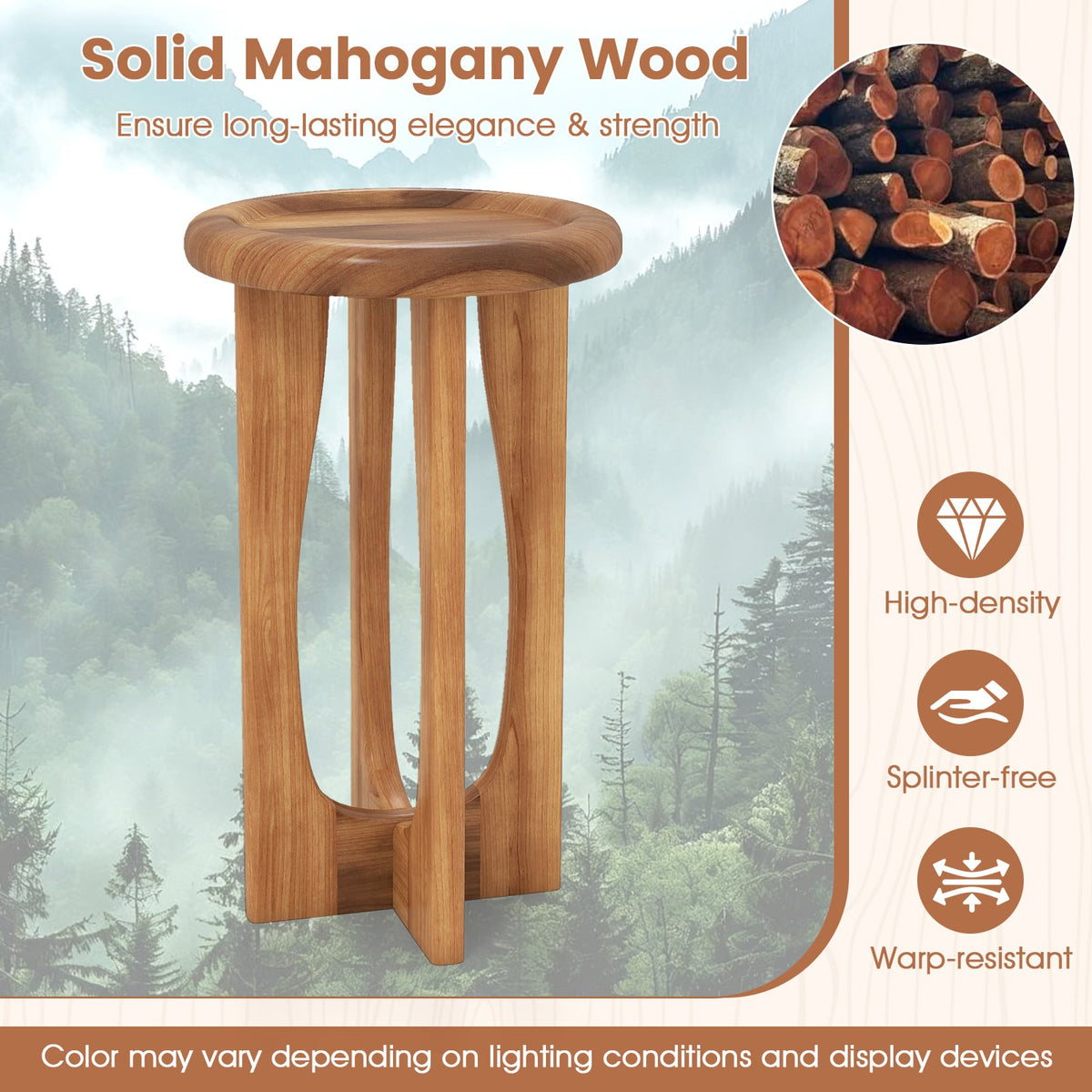 14 Inch Farmhouse End Table with Round Tray Top and Wood Cross Legs-End & Side Tables-DECOROLALA