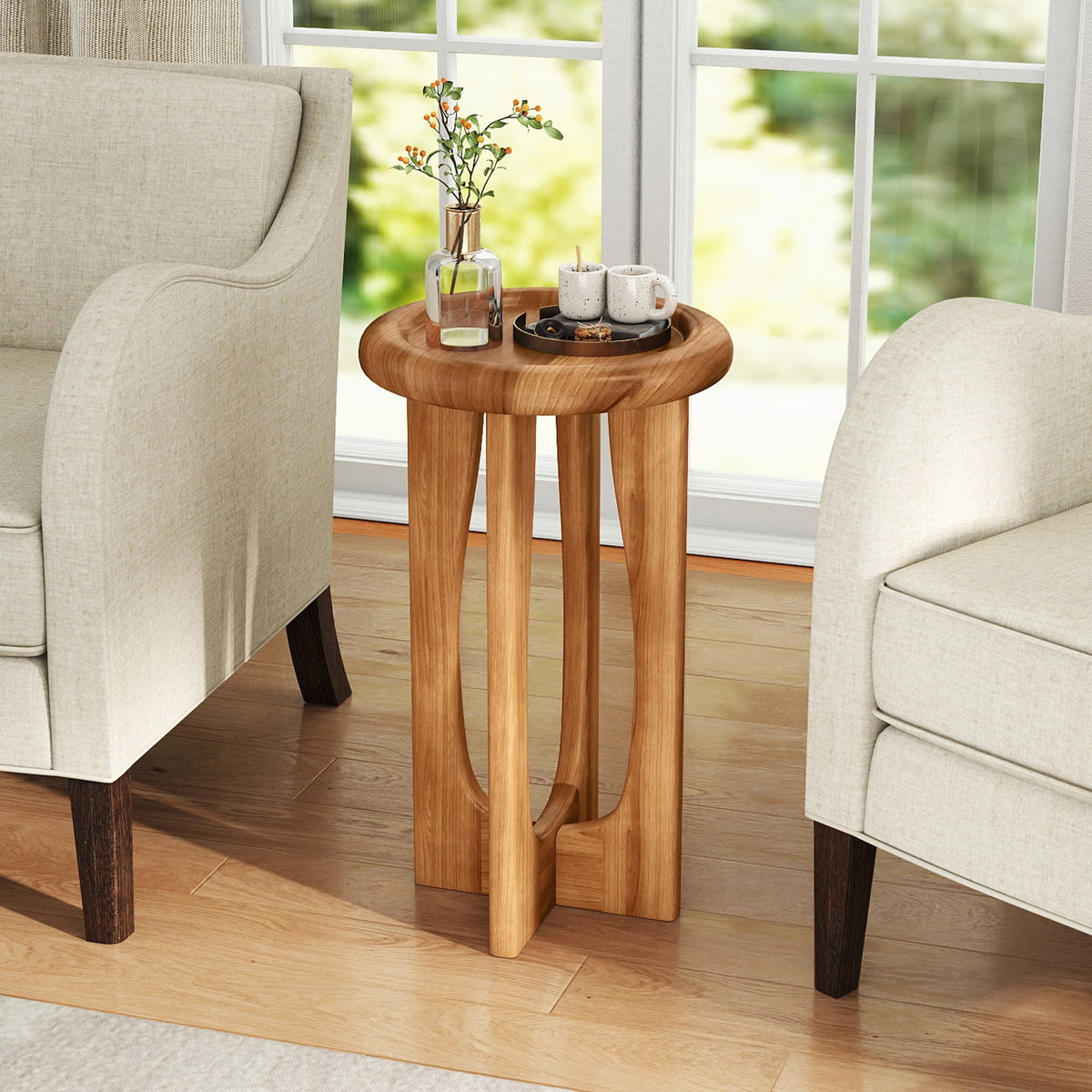 14 Inch Farmhouse End Table with Round Tray Top and Wood Cross Legs-End & Side Tables-DECOROLALA
