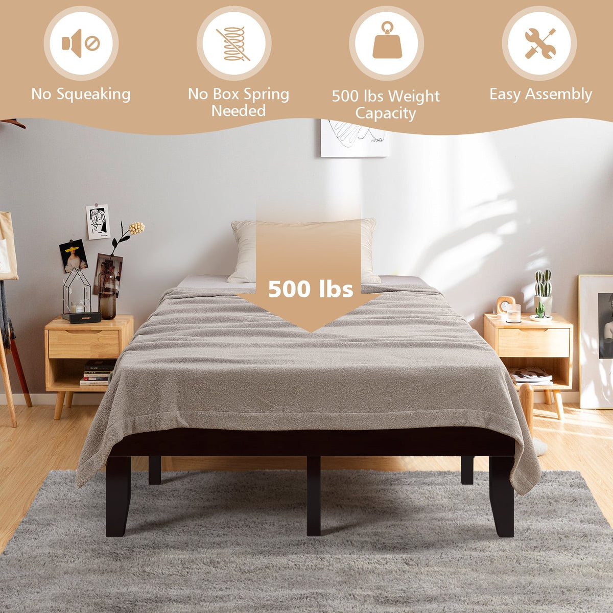 14 Inch Full Size Wood Platform Bed Frame with Wood Slat Support-Brown-Simple Bed Frame-DECOROLALA