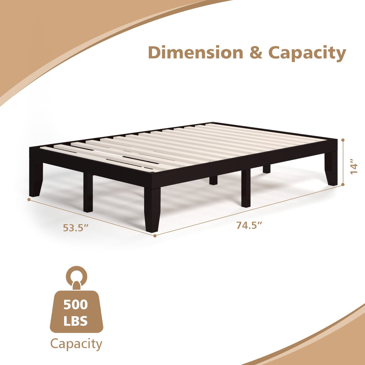 14 Inch Full Size Wood Platform Bed Frame with Wood Slat Support-Brown-Simple Bed Frame-DECOROLALA