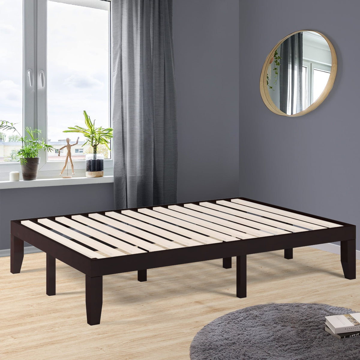 14 Inch Full Size Wood Platform Bed Frame with Wood Slat Support-Brown-Simple Bed Frame-DECOROLALA