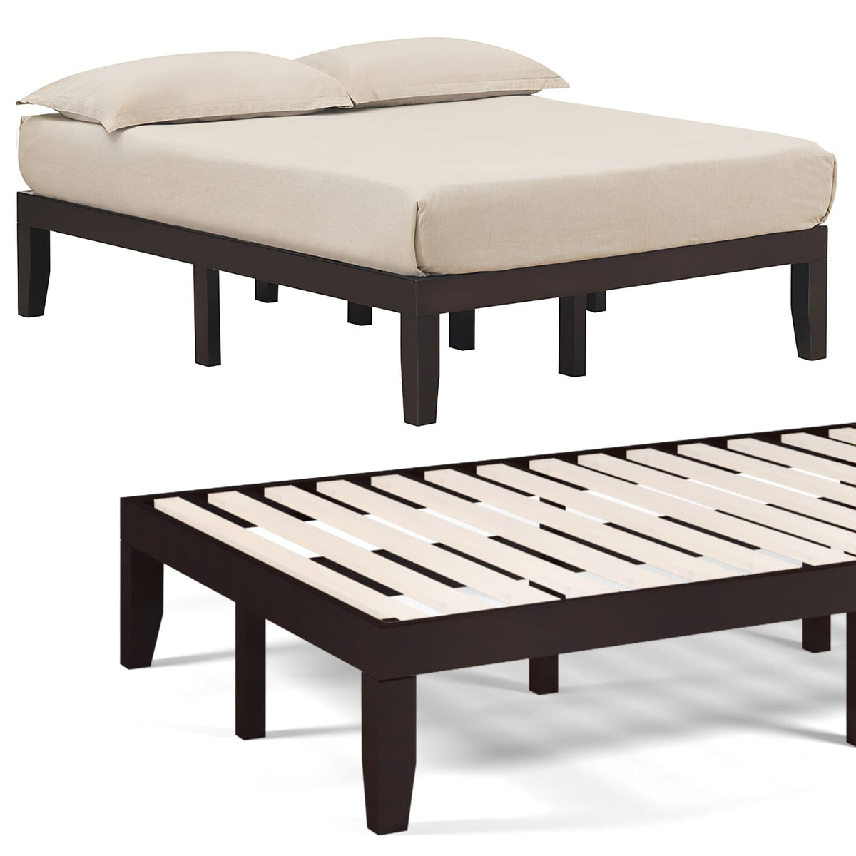 14 Inch Full Size Wood Platform Bed Frame with Wood Slat Support-Brown-Simple Bed Frame-DECOROLALA