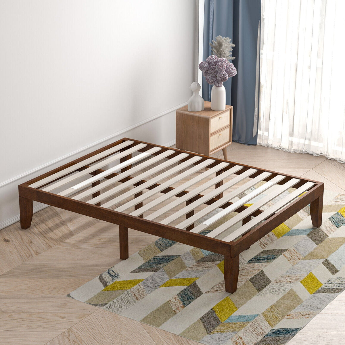 14 Inch Full Size Wood Platform Bed Frame with Wood Slat Support-Coffee-Simple Bed Frame-DECOROLALA