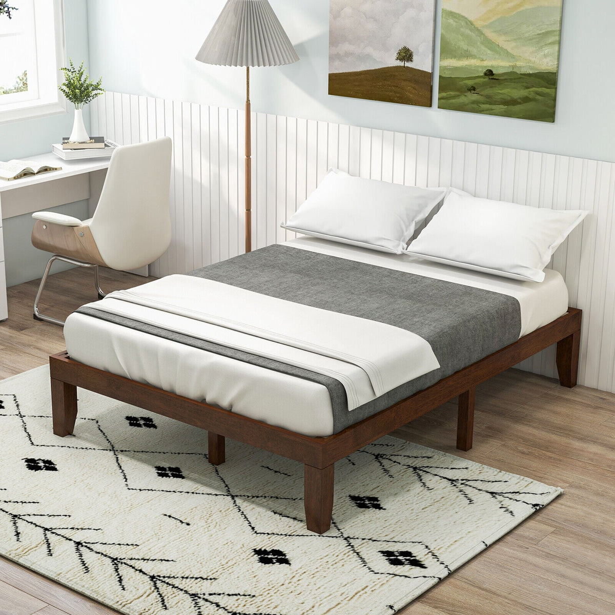 14 Inch Full Size Wood Platform Bed Frame with Wood Slat Support-Coffee-Simple Bed Frame-DECOROLALA