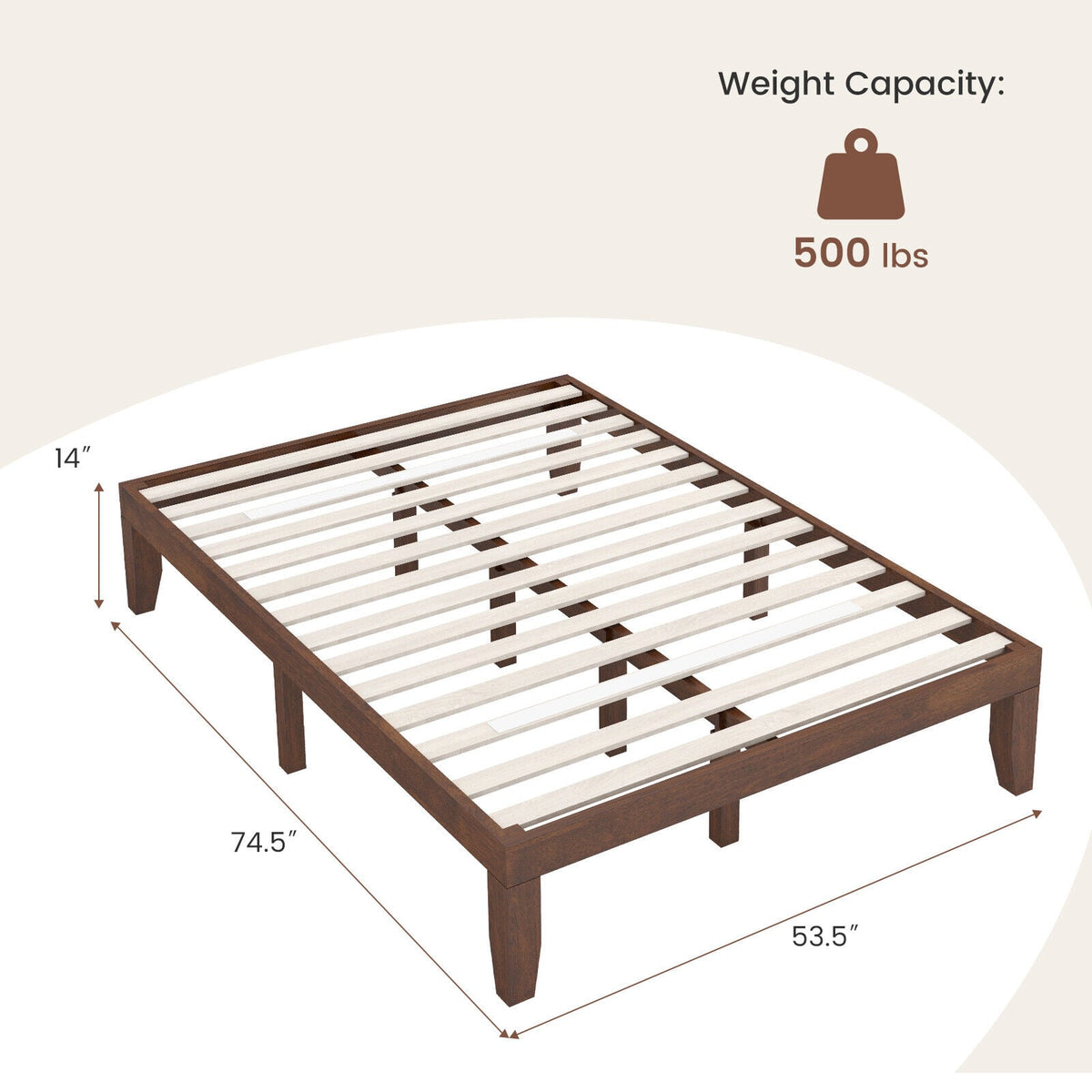 14 Inch Full Size Wood Platform Bed Frame with Wood Slat Support-Coffee-Simple Bed Frame-DECOROLALA