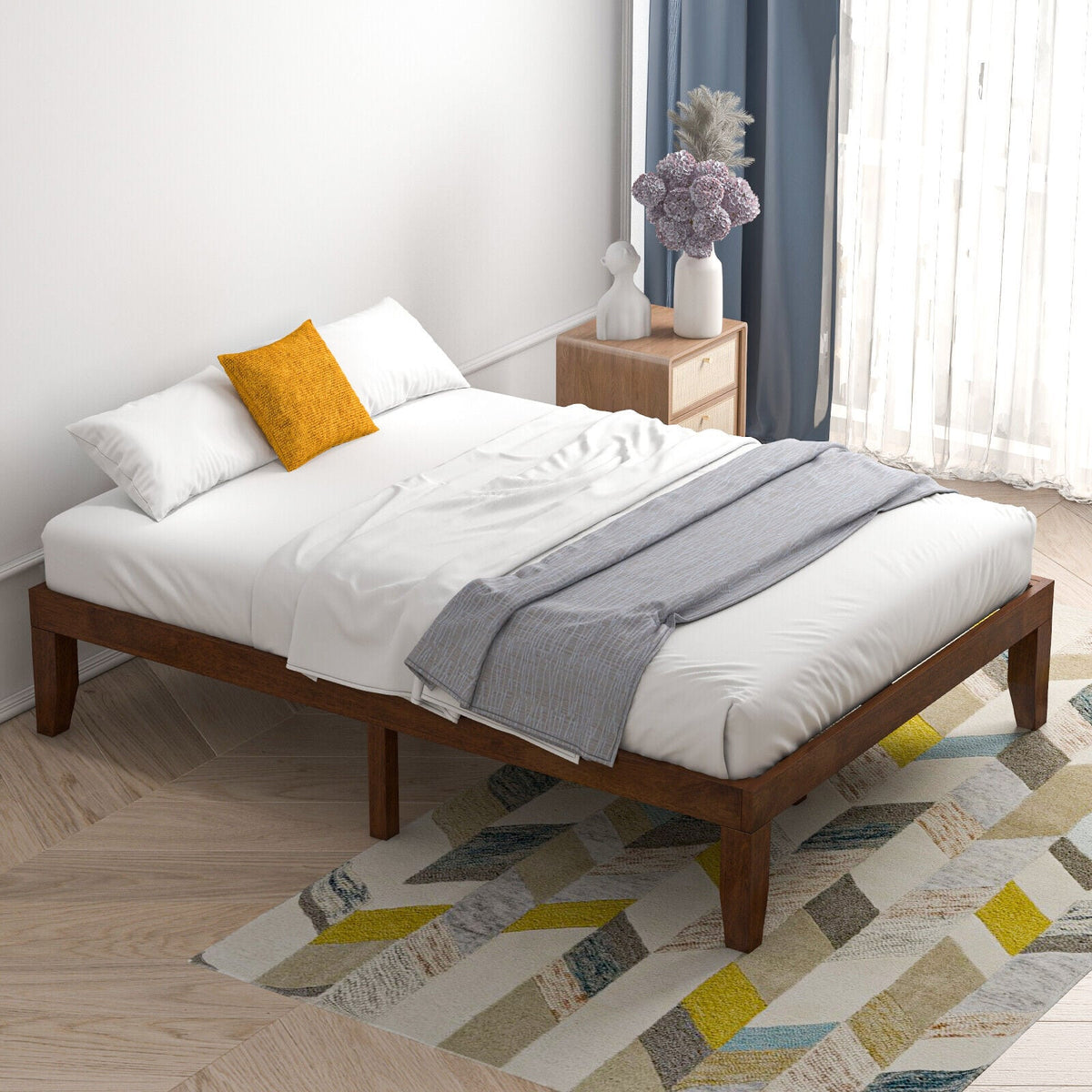 14 Inch Full Size Wood Platform Bed Frame with Wood Slat Support-Coffee-Simple Bed Frame-DECOROLALA