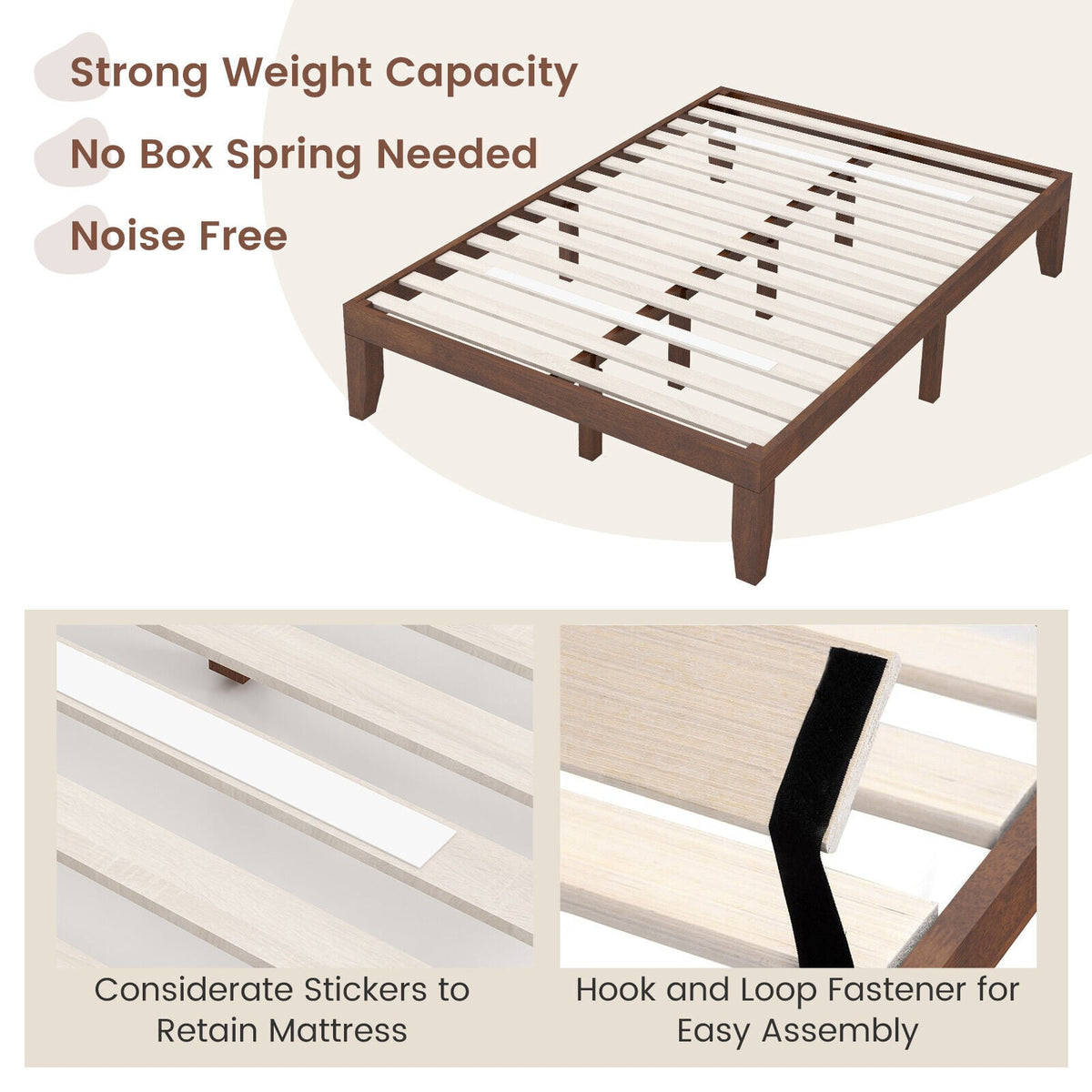14 Inch Full Size Wood Platform Bed Frame with Wood Slat Support-Coffee-Simple Bed Frame-DECOROLALA