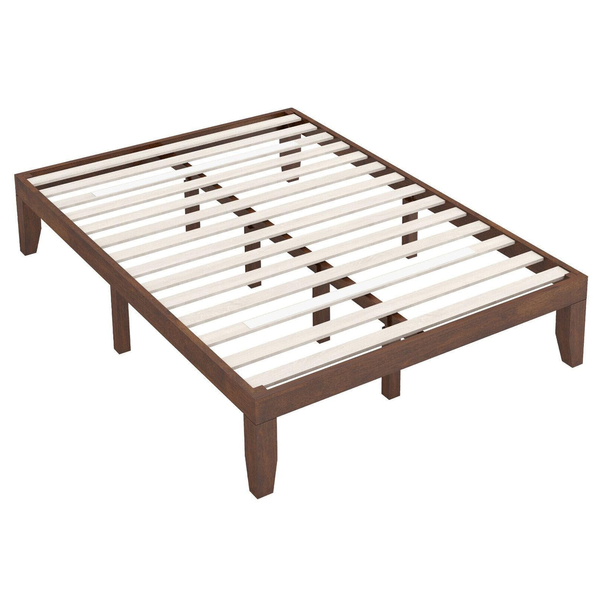 14 Inch Full Size Wood Platform Bed Frame with Wood Slat Support-Coffee-Simple Bed Frame-DECOROLALA