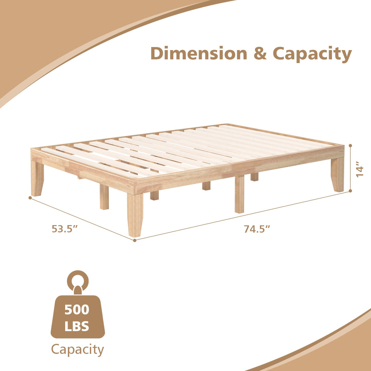 14 Inch Full Size Wood Platform Bed Frame with Wood Slat Support-Natural-Simple Bed Frame-DECOROLALA