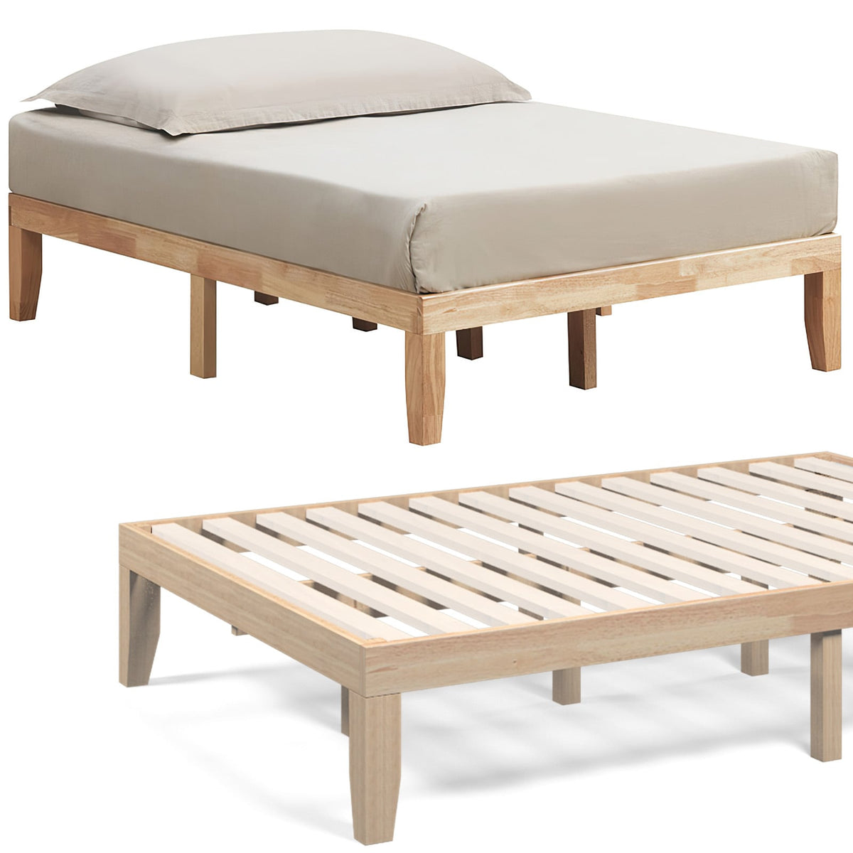 14 Inch Full Size Wood Platform Bed Frame with Wood Slat Support-Natural-Simple Bed Frame-DECOROLALA