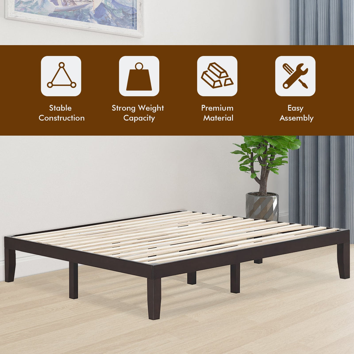 14 Inch King Size Wood Platform Bed Frame-Brown-Simple Bed Frame-DECOROLALA