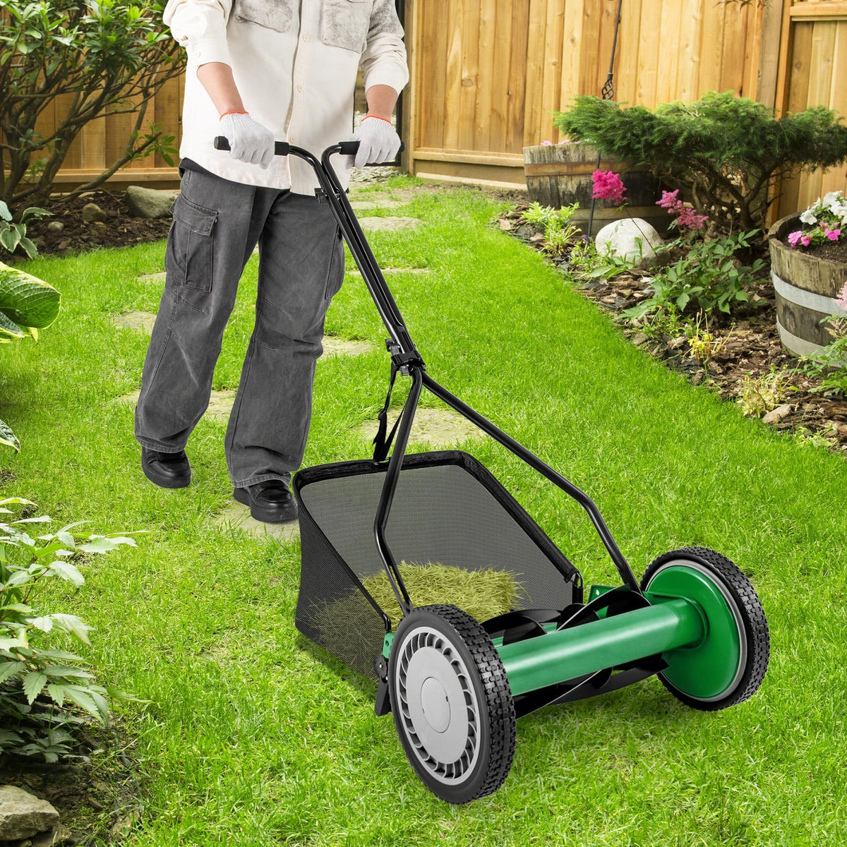 14 Inch Push Lawn Mower with 5 Steel Blades and Grass Catcher Bag-Green-Lawn Care Tools-DECOROLALA