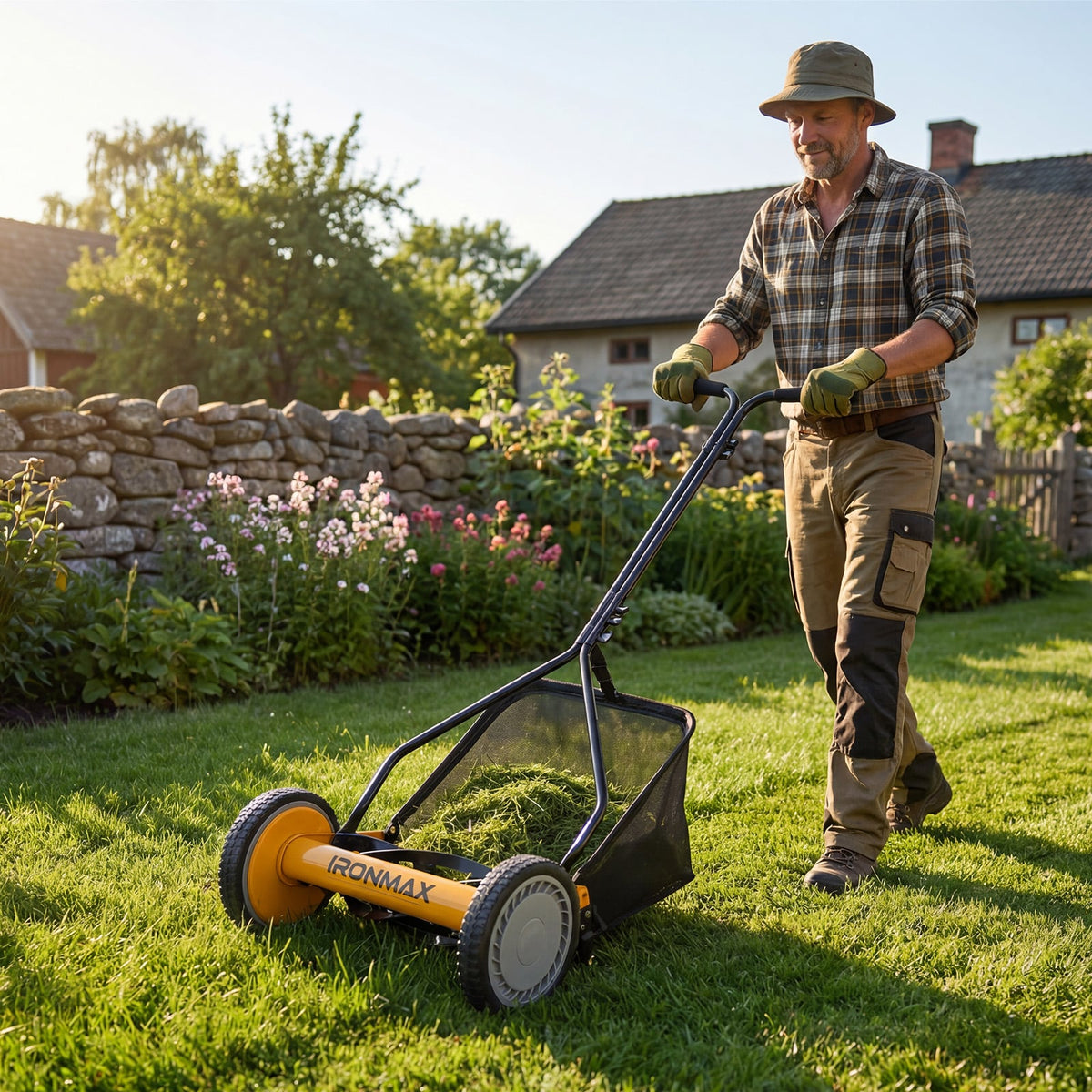 14 Inch Push Lawn Mower with 5 Steel Blades and Grass Catcher Bag-Orange-Lawn Care Tools-DECOROLALA