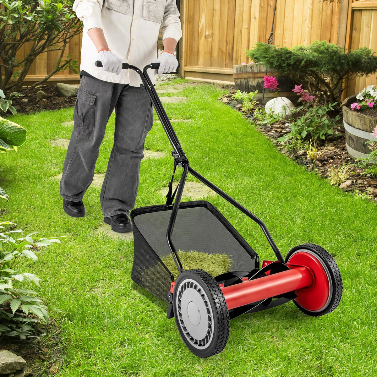 14 Inch Push Lawn Mower with 5 Steel Blades and Grass Catcher Bag-Red-Lawn Care Tools-DECOROLALA