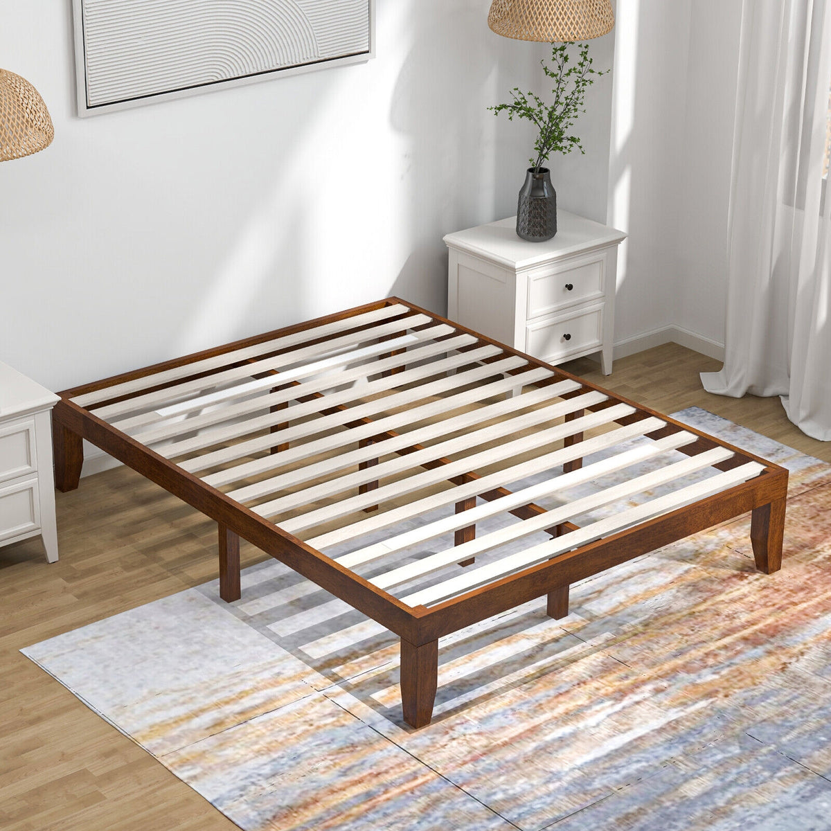 14 Inch Queen Size Rubber Wood Platform Bed Frame with Wood Slat Support-Walnut-Simple Bed Frame-DECOROLALA