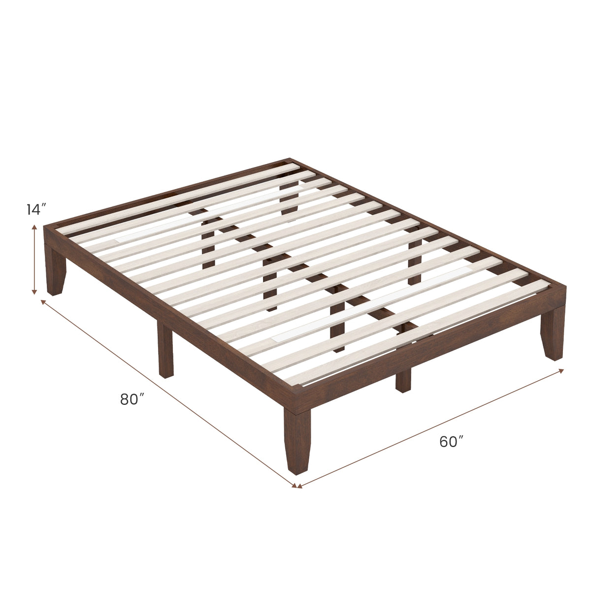 14 Inch Queen Size Rubber Wood Platform Bed Frame with Wood Slat Support-Walnut-Simple Bed Frame-DECOROLALA