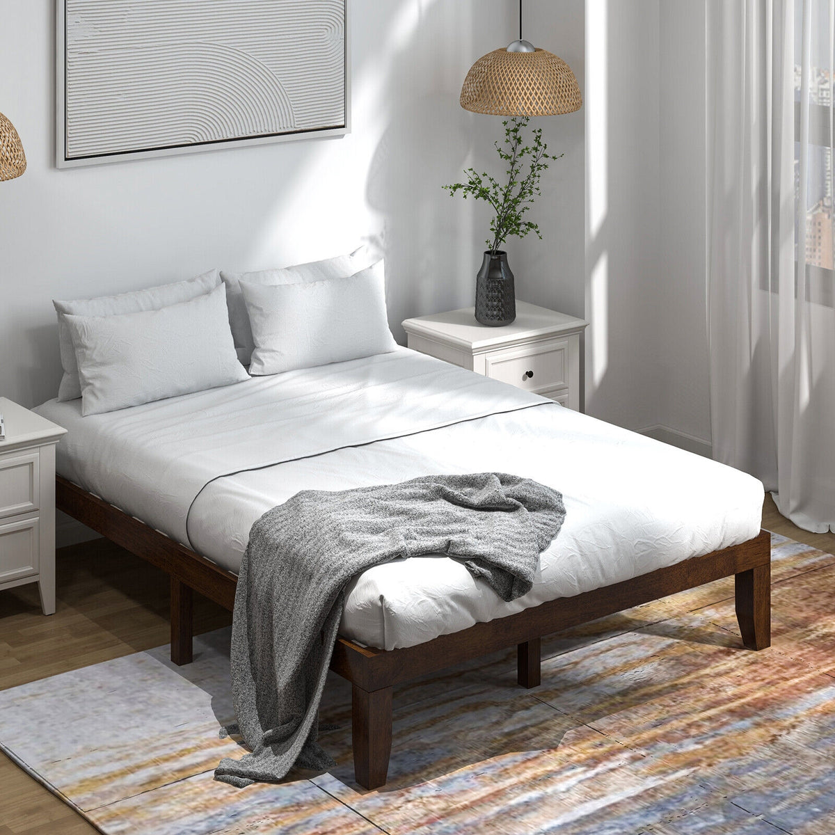 14 Inch Queen Size Rubber Wood Platform Bed Frame with Wood Slat Support-Walnut-Simple Bed Frame-DECOROLALA