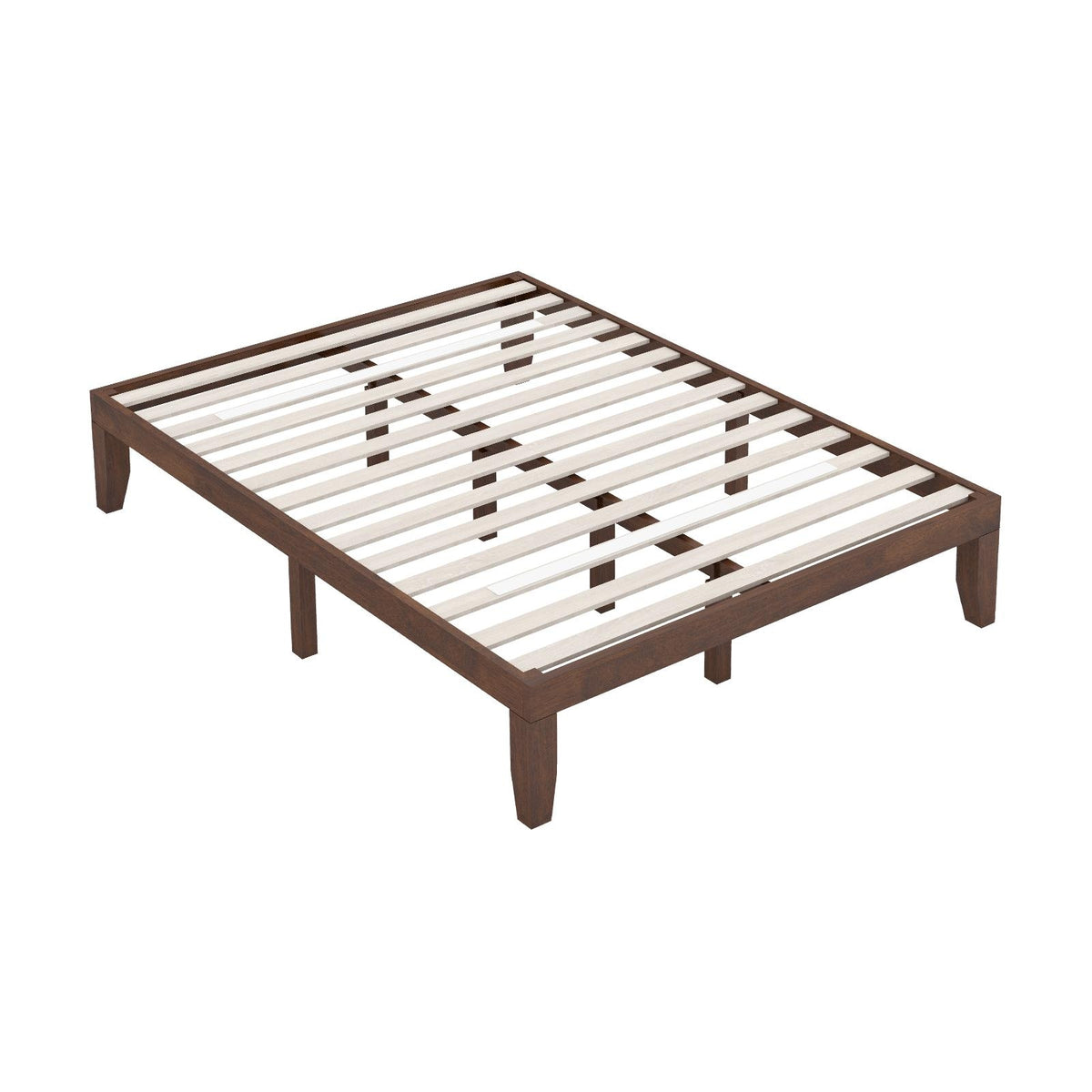 14 Inch Queen Size Rubber Wood Platform Bed Frame with Wood Slat Support-Walnut-Simple Bed Frame-DECOROLALA