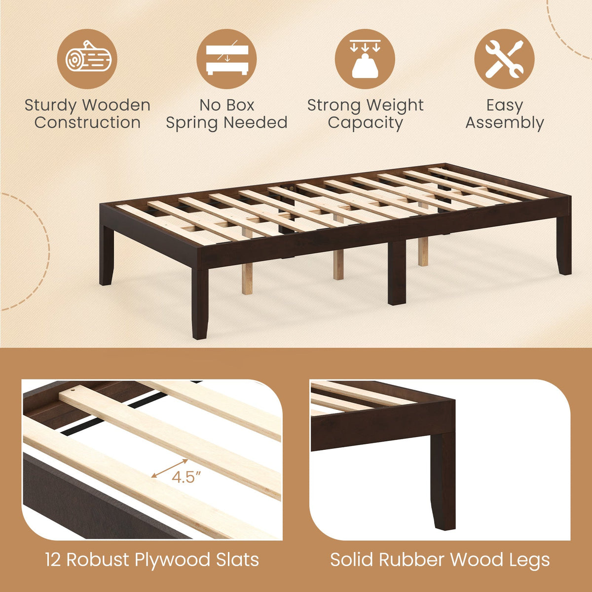 14 Inch Twin Wood Platform Bed Frame with Wooden Slats Support-Simple Bed Frame-DECOROLALA