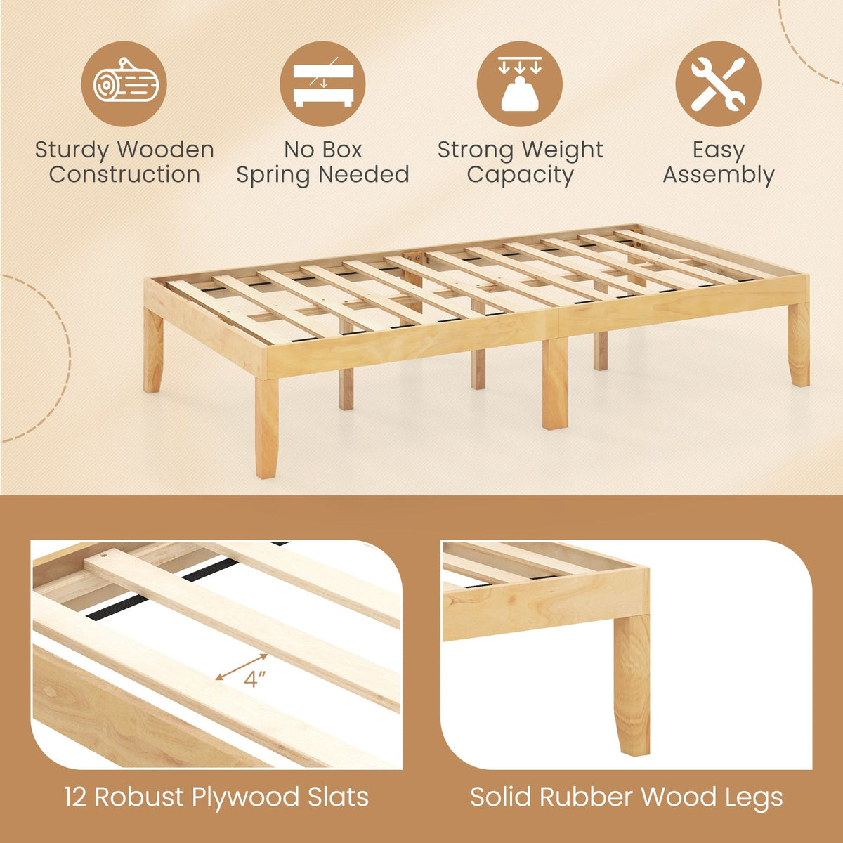 14 Inch Twin Wood Platform Bed Frame with Wooden Slats Support-Simple Bed Frame-DECOROLALA