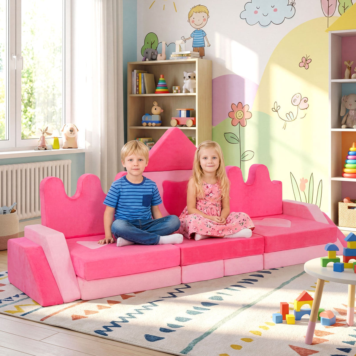14 Piece Kids Play Couch Modular Foam Climbing Blocks for Kids 3+ Years Old-Pink-Kids Chairs-DECOROLALA