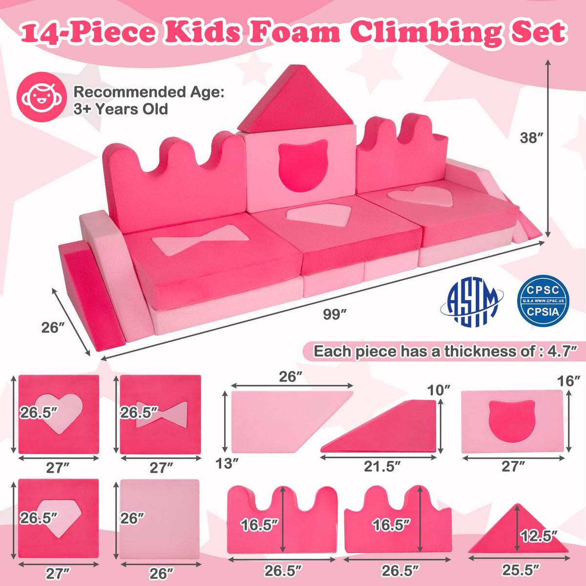 14 Piece Kids Play Couch Modular Foam Climbing Blocks for Kids 3+ Years Old-Pink-Kids Chairs-DECOROLALA