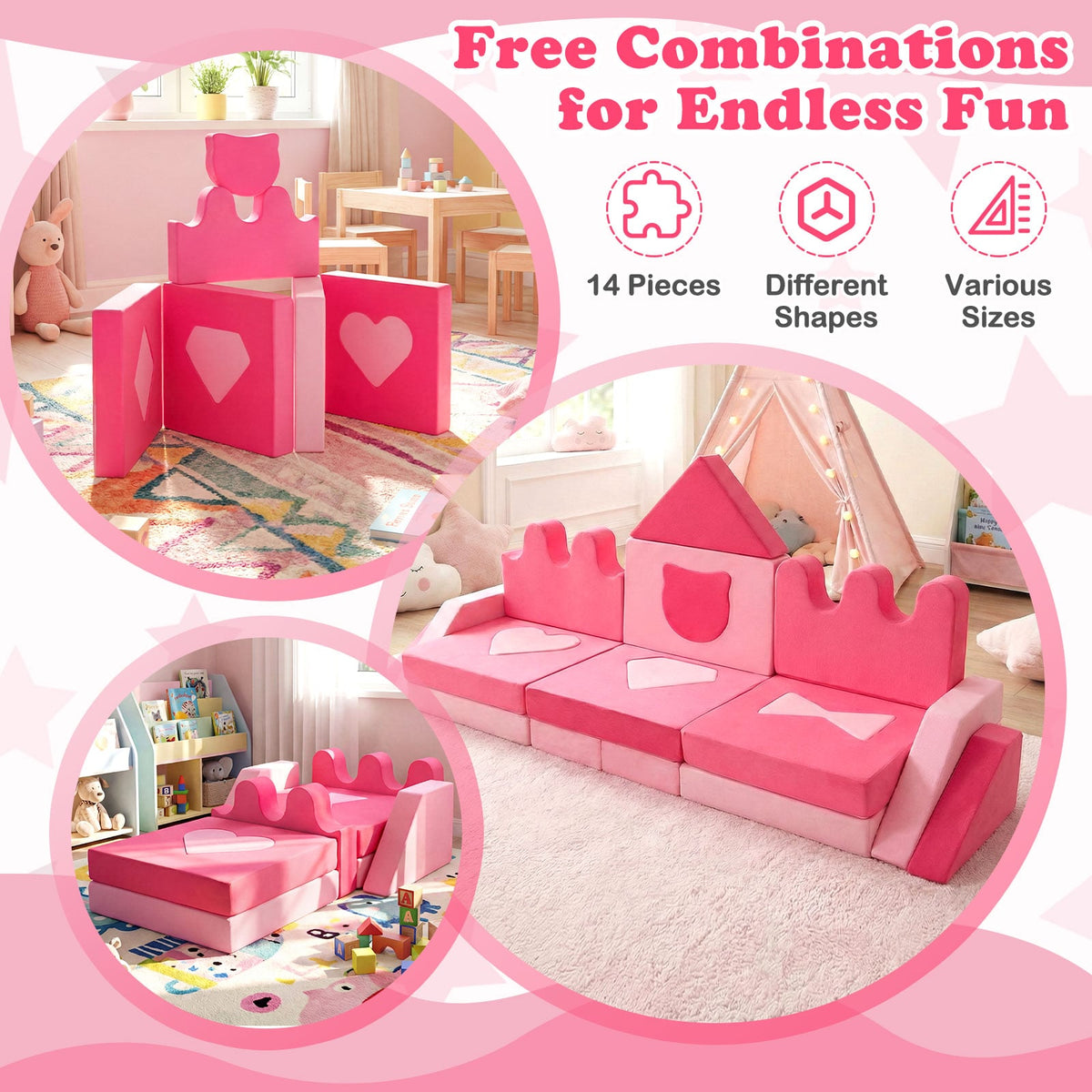 14 Piece Kids Play Couch Modular Foam Climbing Blocks for Kids 3+ Years Old-Pink-Kids Chairs-DECOROLALA