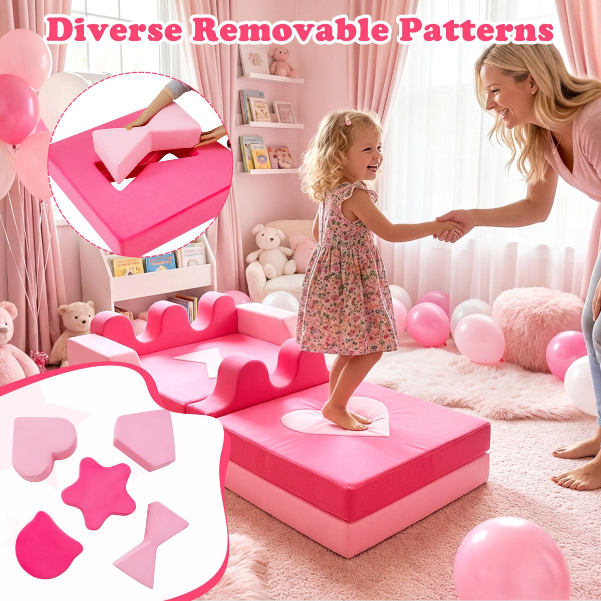 14 Piece Kids Play Couch Modular Foam Climbing Blocks for Kids 3+ Years Old-Pink-Kids Chairs-DECOROLALA