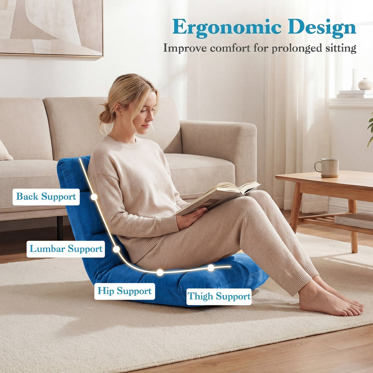 14-Position Adjustable Cushioned Floor Chair-Blue-Floor Chairs-DECOROLALA