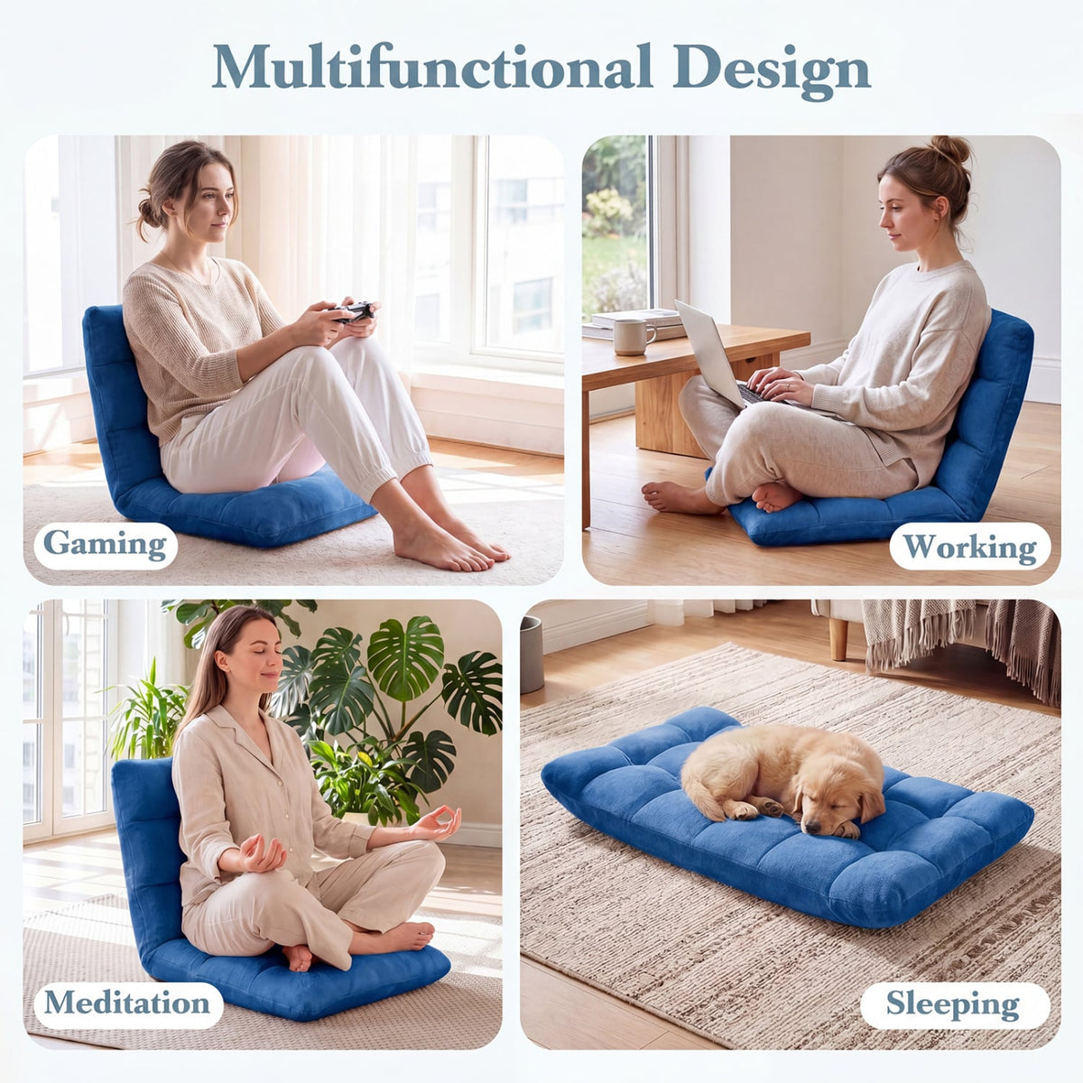 14-Position Adjustable Cushioned Floor Chair-Blue-Floor Chairs-DECOROLALA