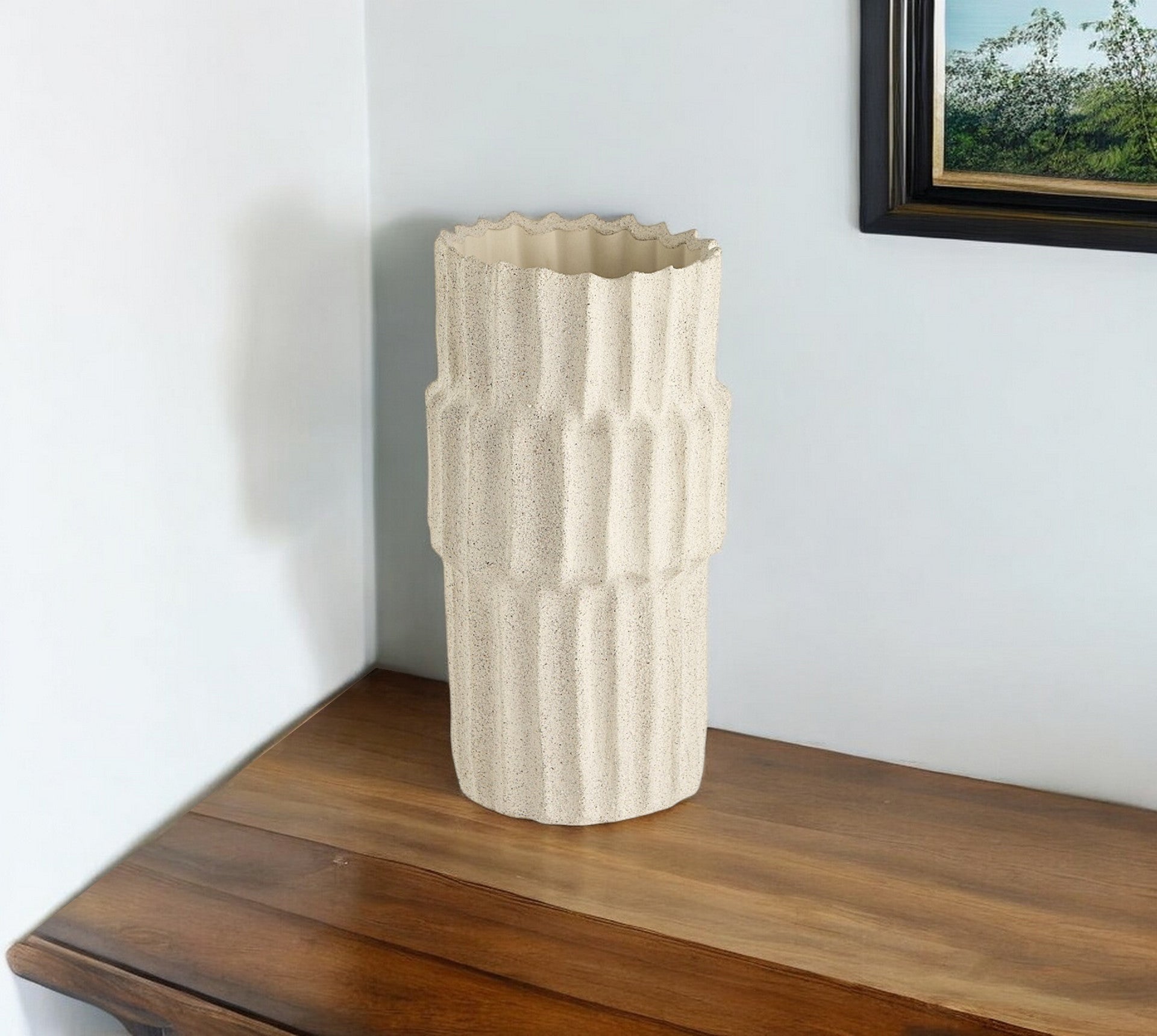 14" Sand Organic Textured Ceramic Cylinder Table Vase-Vases-DECOROLALA