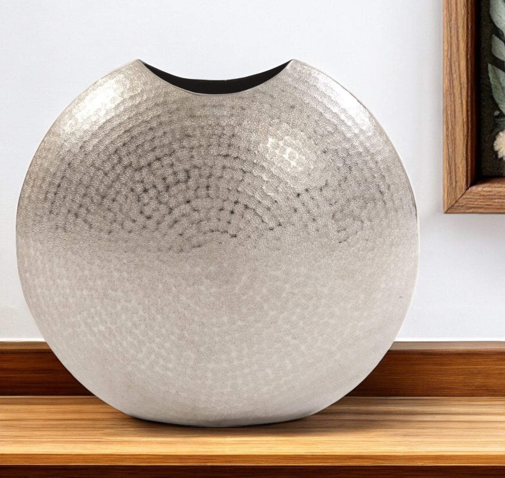 14" Silver Hammered Round Aluminum Table Vase-Vases-DECOROLALA