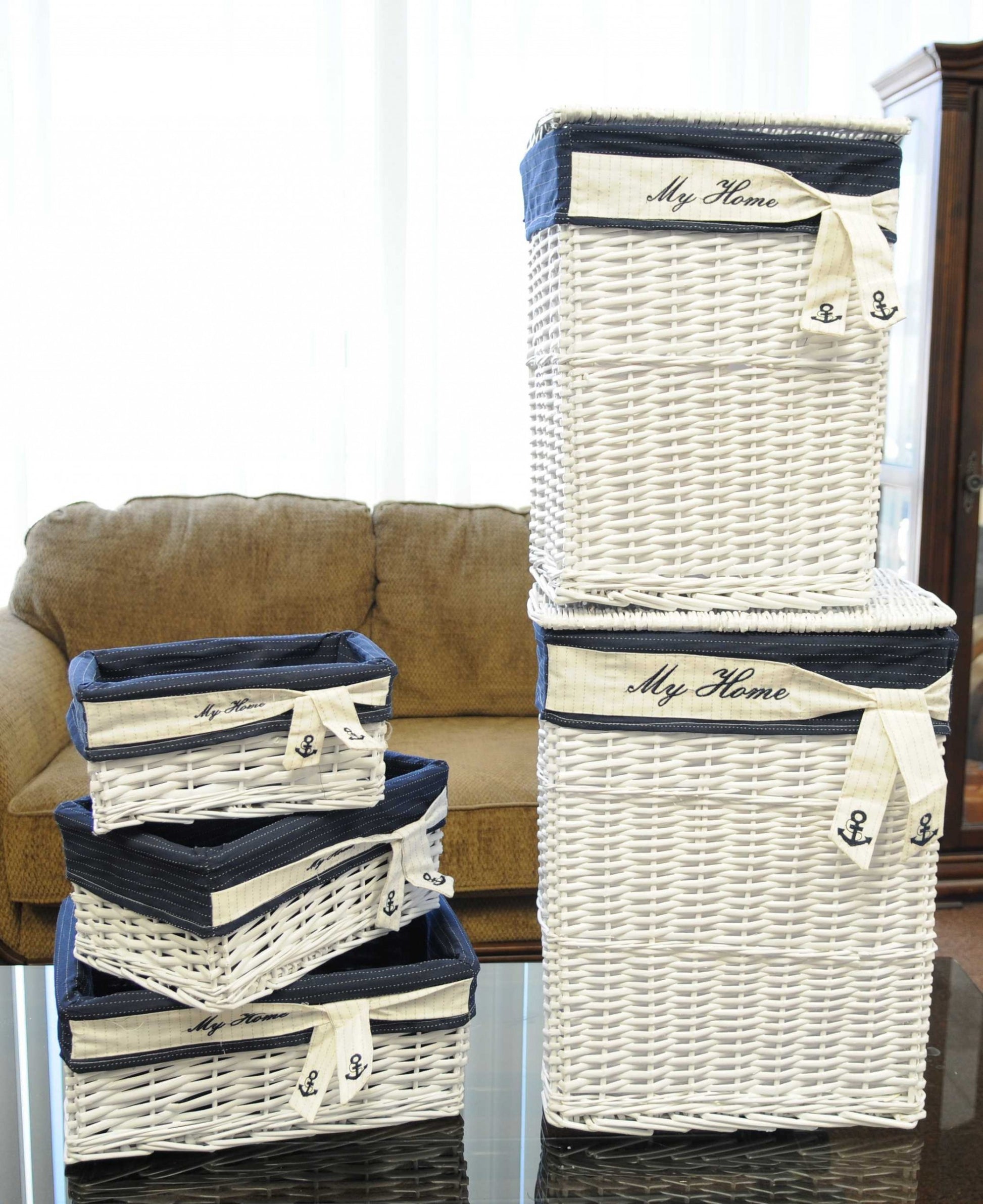 14" X 17.5" X 19.5" White blue rectangular willow Basket Set Of 5-Organizers-DECOROLALA